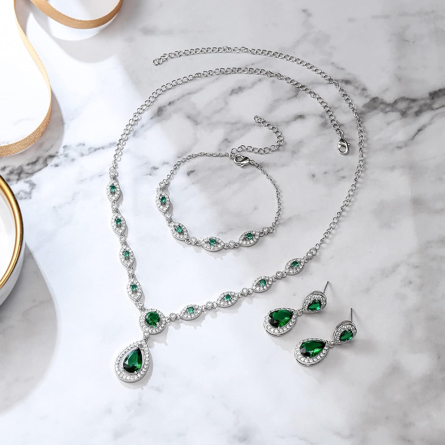 BriLove Wedding Bridal Jewelry Set for Women Cubic Zirconia Teardrop Y-Necklace Link Bracelet Dangle Earrings for Party Prom Accessories - Image 5