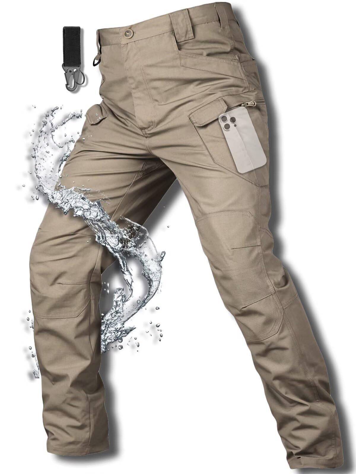 WOSONG Men's Cargo Work Hiking Tactical Pants,10-Pocket,with Carabiner,Water Resistant,Lightweight Ripstop Outdoor Pants