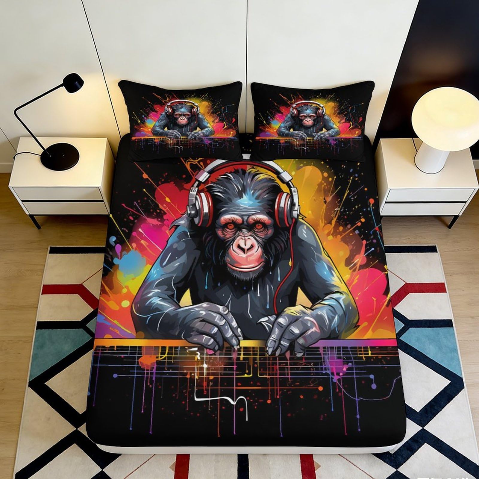 3D Printed DJ Monkey Fitted Sheet Microfiber Vibrant Graffiti Headphones Mattress Cover Bedroom Decor 90x200x25cm