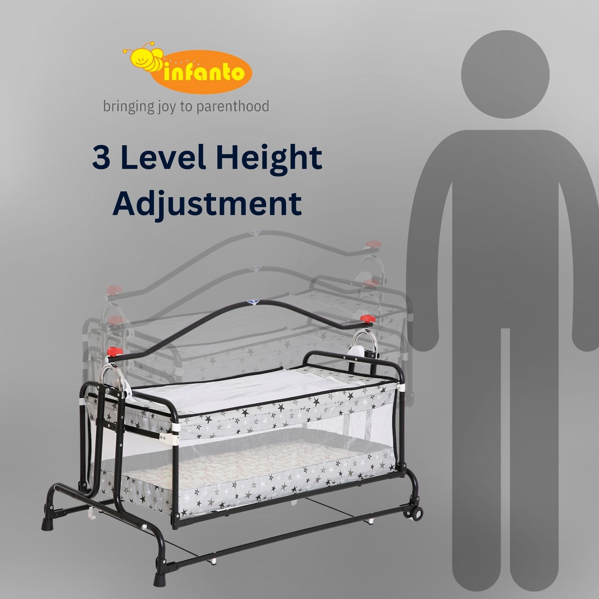 Infanto Metal Compact Baby Cradle, Jhula, Palna, Swing - Adjustable Height, Sturdy Frame, Smooth Swing, Secure Lock, Anti-Skid Pad, Breathable Net, Sturdy Build - CC29-STD (Grey) - Image 5 thumbnail