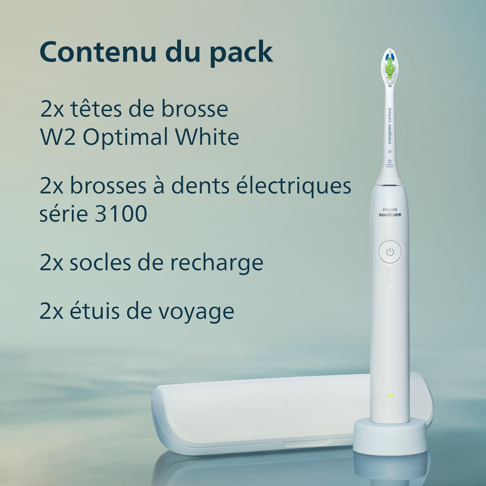 Philips Sonicare série 3100 – Brosse à dents électrique, capteur de pression, 3 intensités, EasyStart, SmarTimer, autonomie 14 j, étui de voyage, pack de 2, coloris blanc, HX4072/41, [Nouveau]