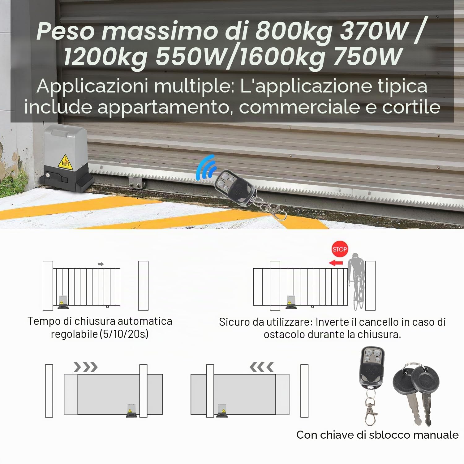 Motore per cancello scorrevole, 370W, modello WiFi-Bluetooth, con telecomando, apri-cancello per cancelli fino a 800 kg, cremagliera da 4 metri