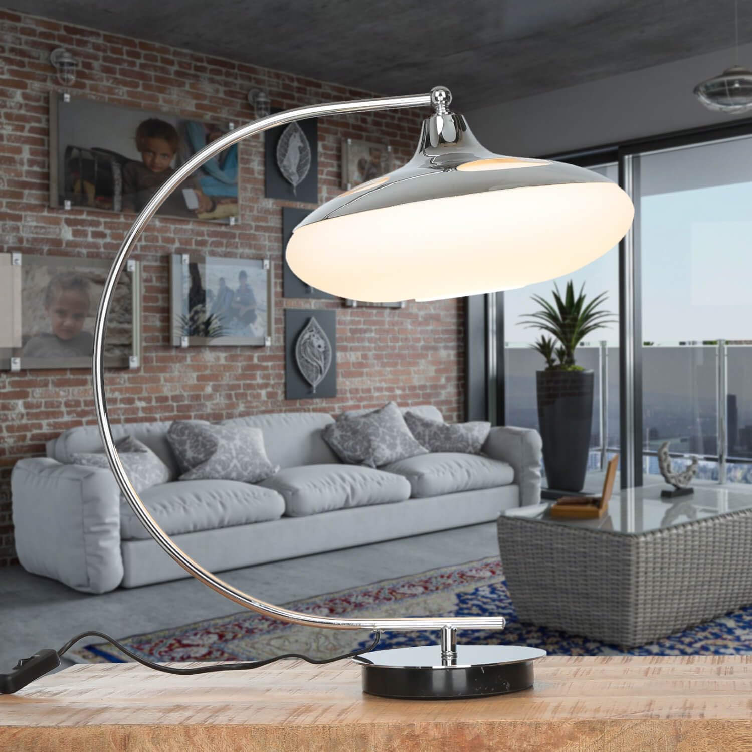 Licht-Erlebnisse Tischleuchte Design Chrom Glasschirm rund H: 45cm Schlafzimmer Büro E27 Tischlampe Schreibtisch Beleuchtung Kabel Stecker