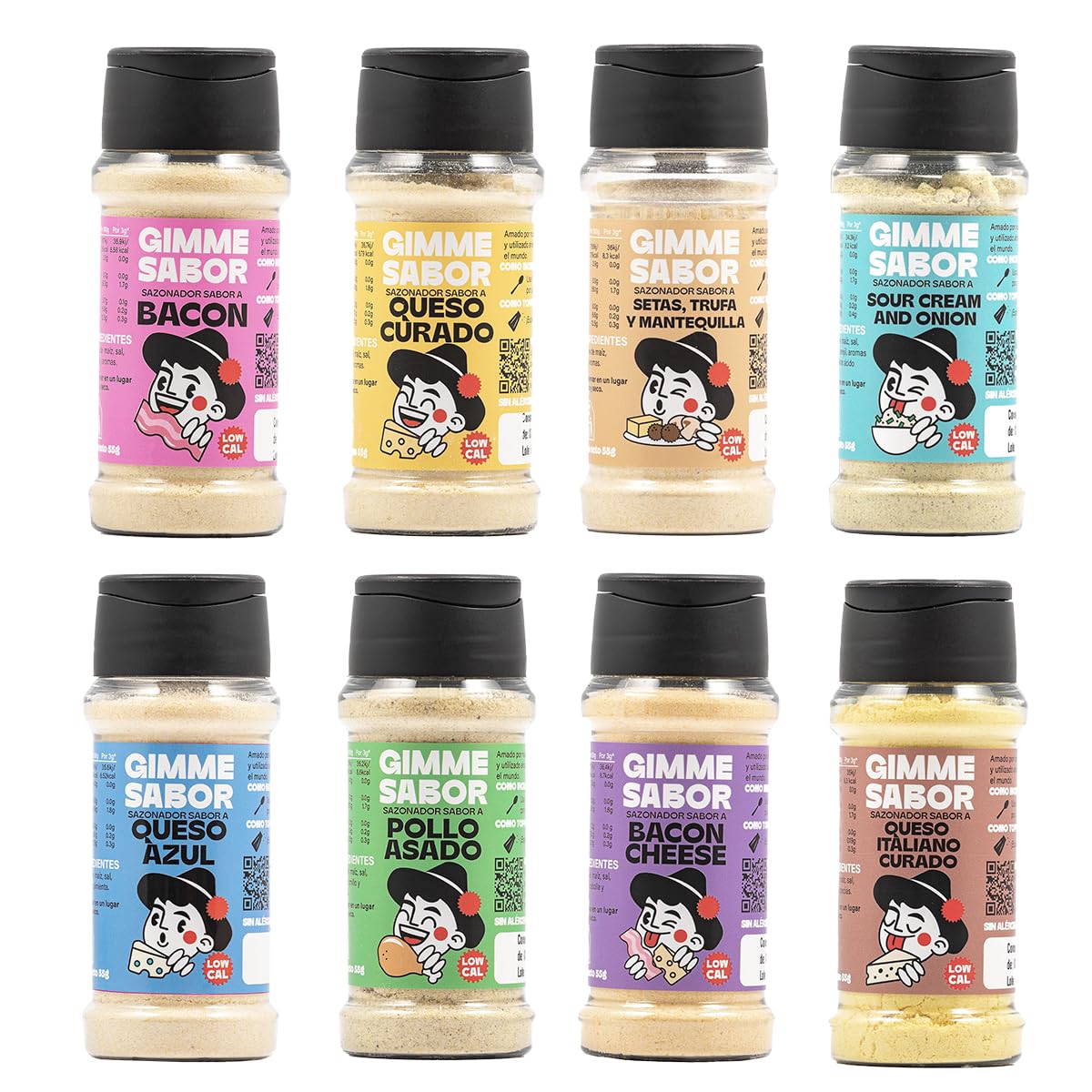 Gimme Sabor Caja Gourmet – 8 Sazonadores 100% Vegetales: Queso Curado, Parmesano, Sour Cream & Onion, Bacon, Bacon & Cheese, Pollo Asado, Queso Azul, Setas Trufa & Mantequilla – Sin Gluten ni Lactosa