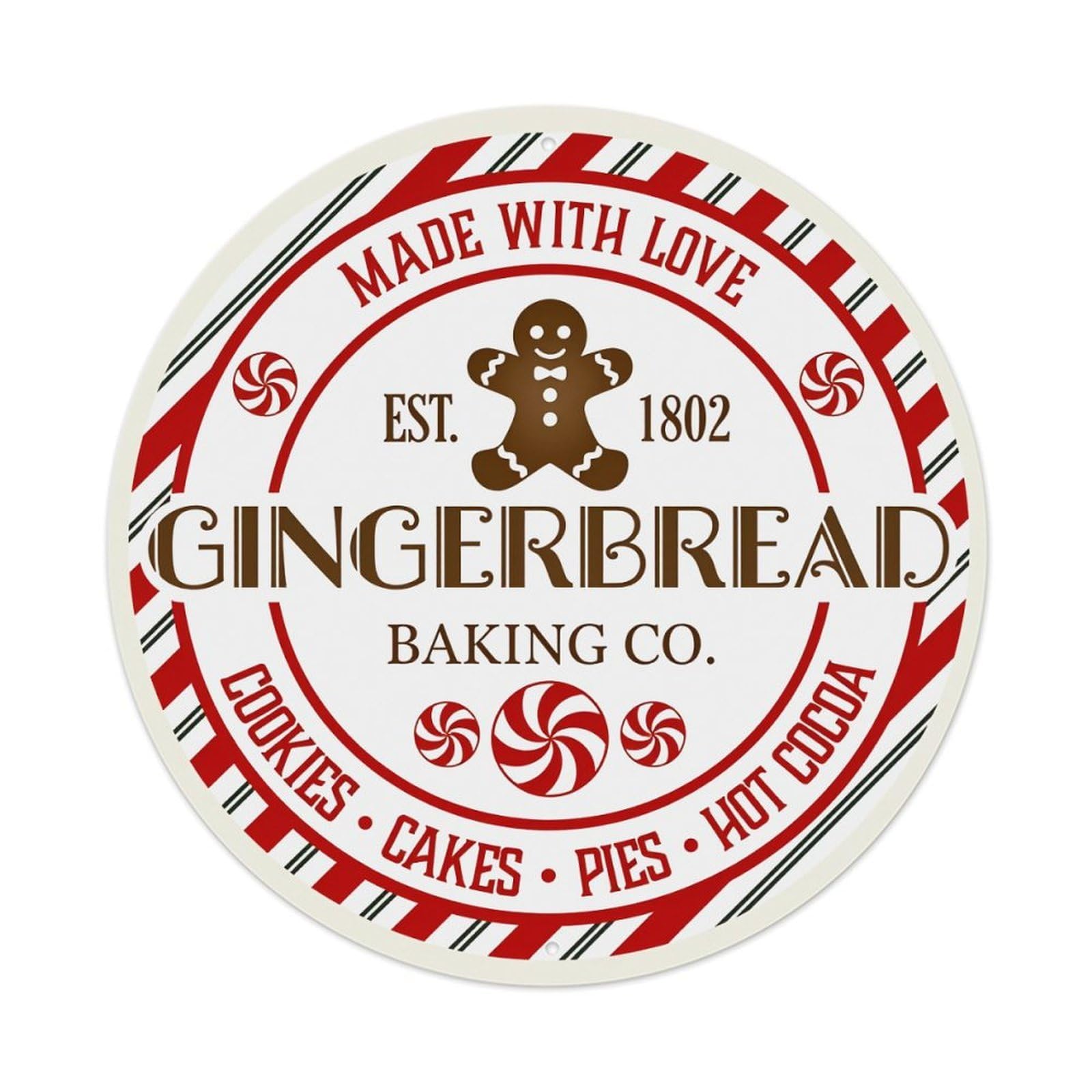 Red And White Stripes Gingerbread Man Figure Round Tin Sign Retro Metal Sign for Cafe Bar Pub Home Game Room Gym Club Wall Decoration Vintage Metal Poster 8x8 Inch