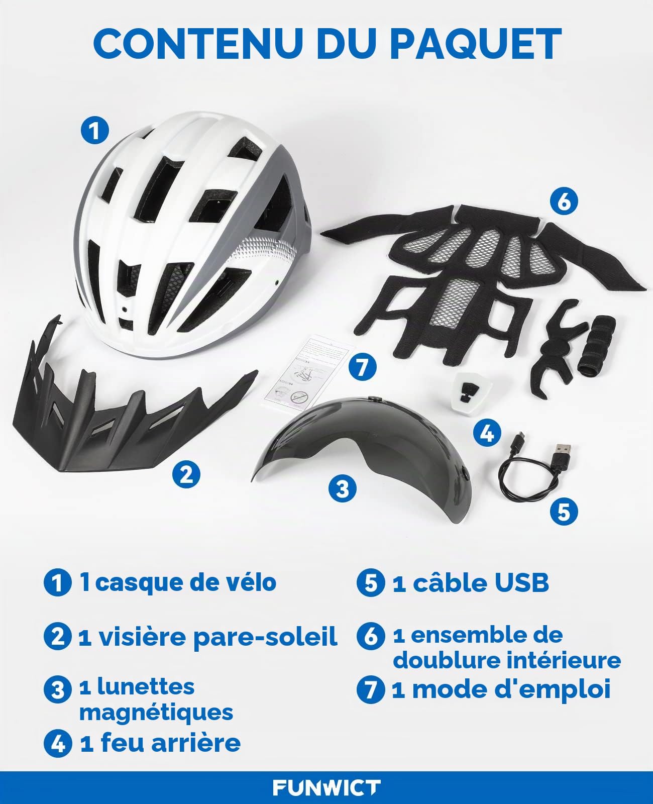 Casque Velo Homme Femme avec Visiere et Lunettes Détachables, Casque Vélo Casques VTT avec Feu Arrière à LED Rechargeable, Casque Cyclisme pour Adulte et Adolescent (M: 54-58 cm, Blanc Gris)