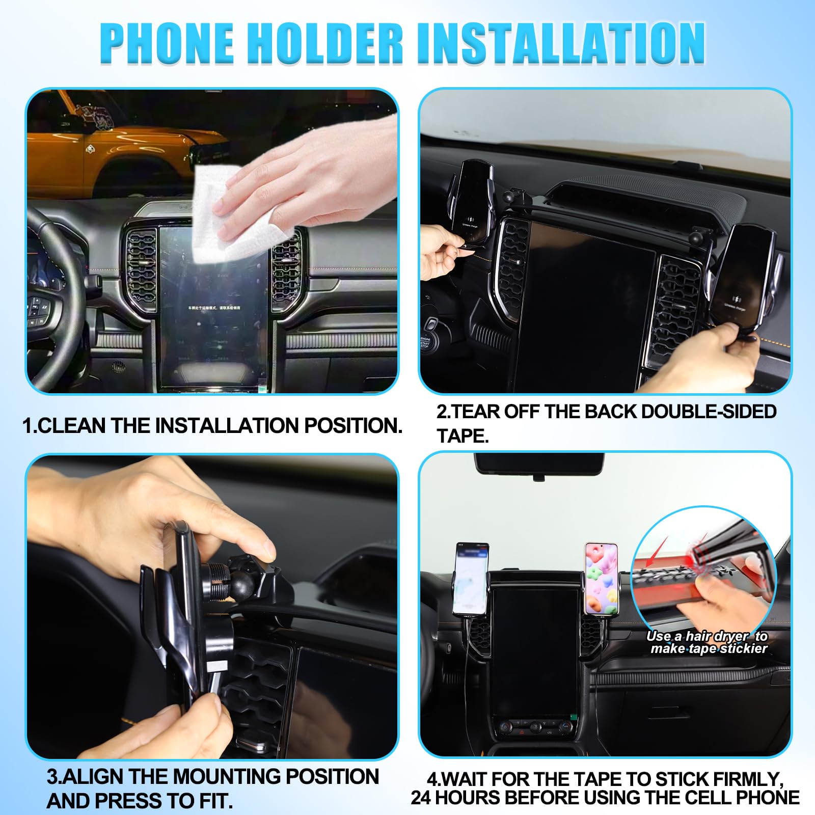 METYOUCAR Soporte de teléfono de coche para Ford Ranger 2023-2025, centro de ventilación de aire izquierdo y derecho, soporte fijo giratorio para teléfono móvil para coche, apto para iPhone, Android y