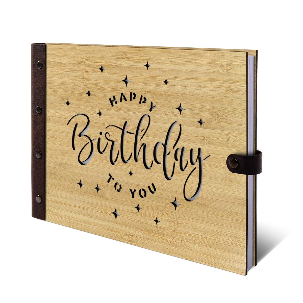 Geburtstag Gästebuch Bambus mit Leder Holzcover lasergeschnitten 72 Blatt | 144 Seiten DIN A4 quer 302x215mm - Happy Birthday