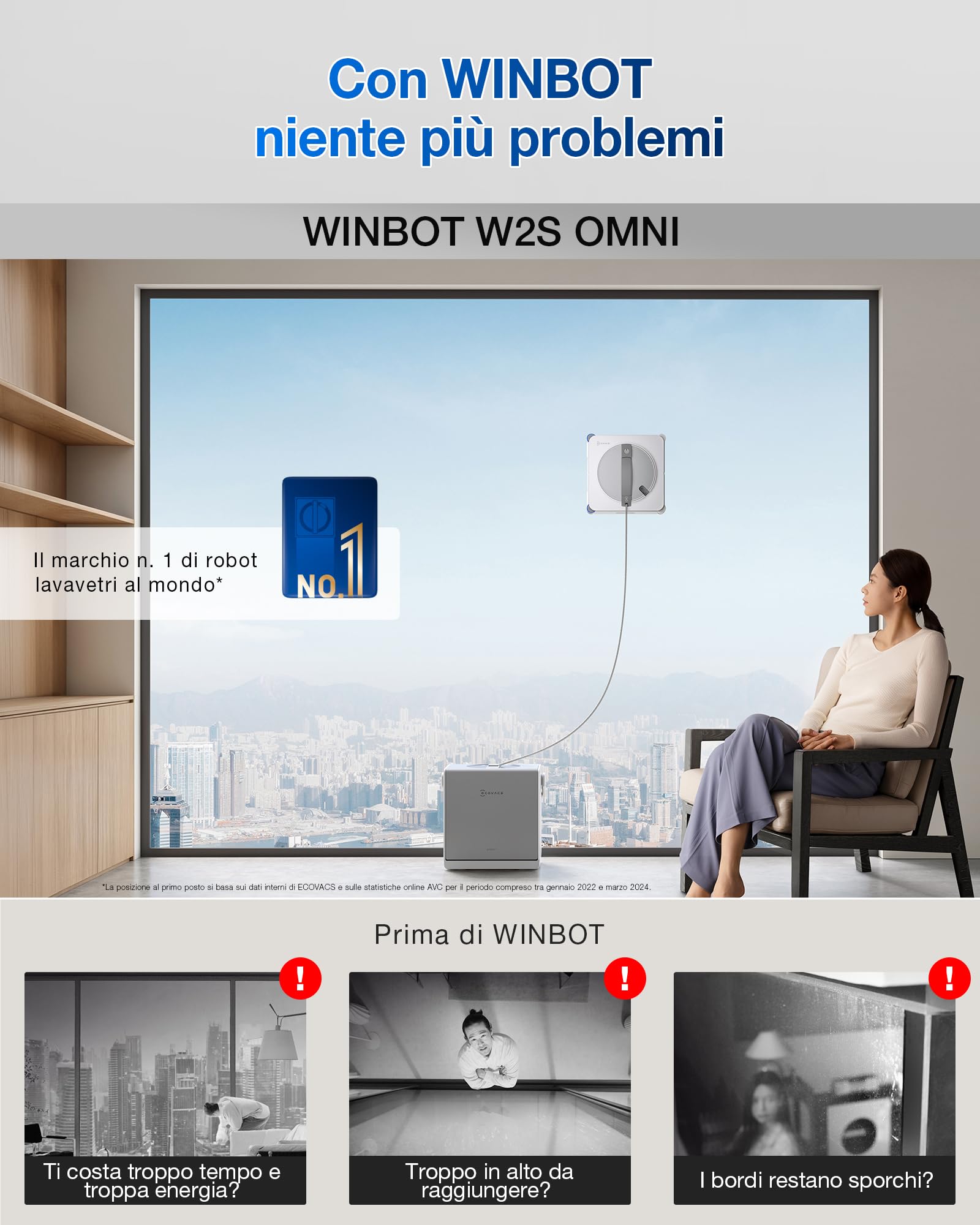 ECOVACS WINBOT W2S OMNI Robot Lavavetri con Stazione Multifunzione, Pulizia Intelligente da Bordo a Bordo con TruEdge™, Ricarica Durante l'uso, Nebulizzazione a 3 Ugelli, Protezione a 12 Livelli