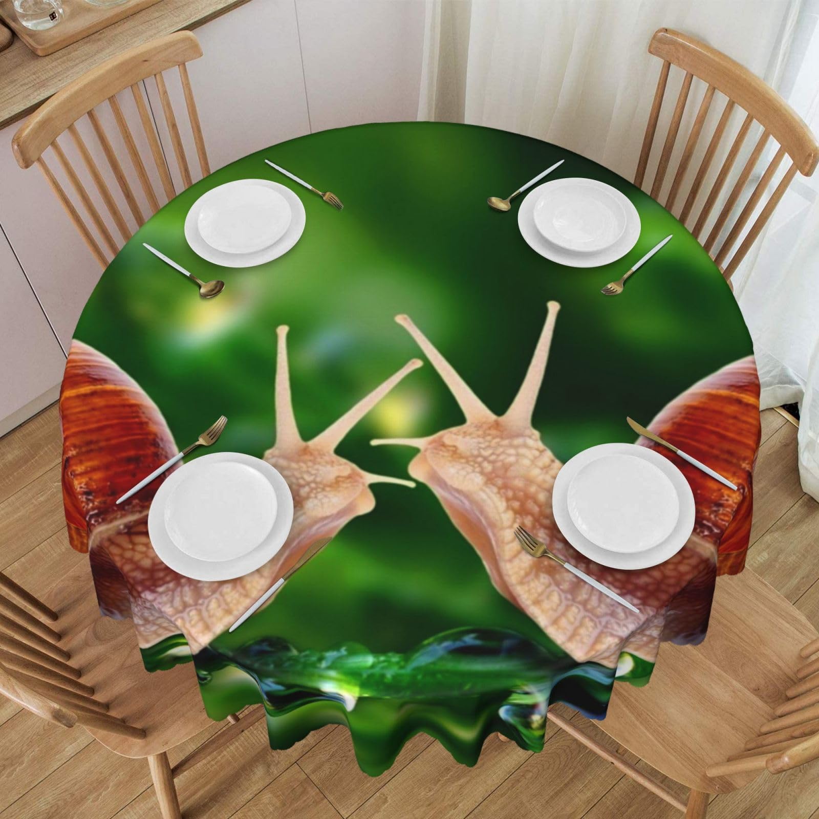 DCEHGEW 60 In Round Tablecloth with Lace, Wildlife Animal Snail Printed Oilproof & Washable Fabric Picnic Table Cloth Table Covers