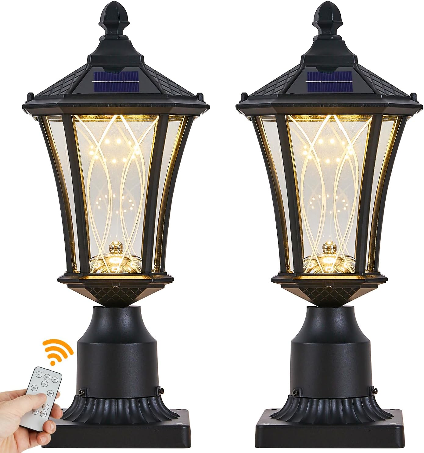 2 Pack Solar Lamp Post Light with Pier Mount Base, Dusk to Dawn Outdoor Pillar Lights with Remote-Controlled, Color Temperature Exterior Pole Lamp Head for Driveway, Patio, Garden, Black