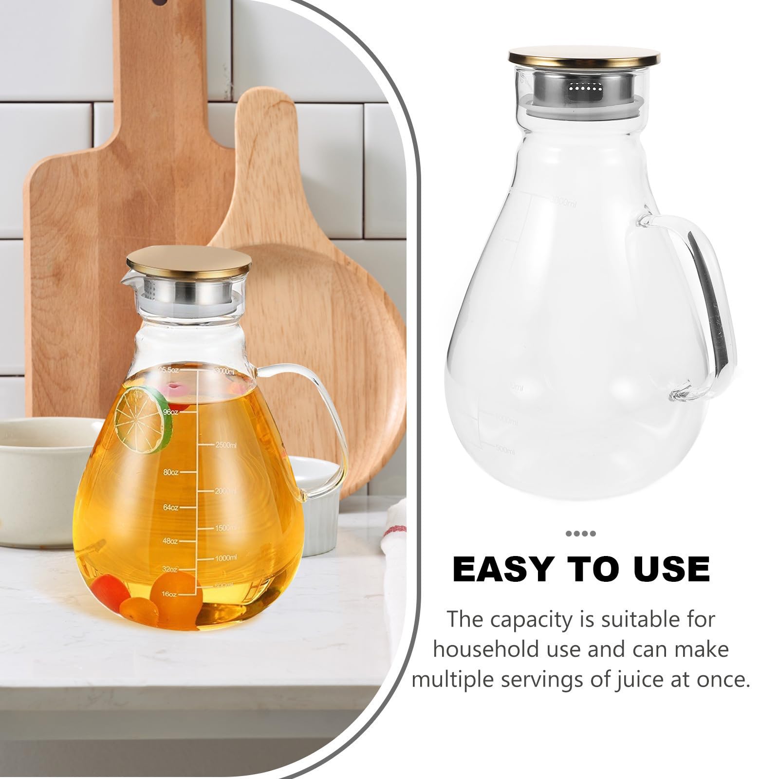 FOMIYES Jarra de Vidrio Borosilicato de 1300ml con Tapa de Acero Inoxidable y Silicona, Dispensador Elegante para Agua y Cócteles en Bodas y Eventos