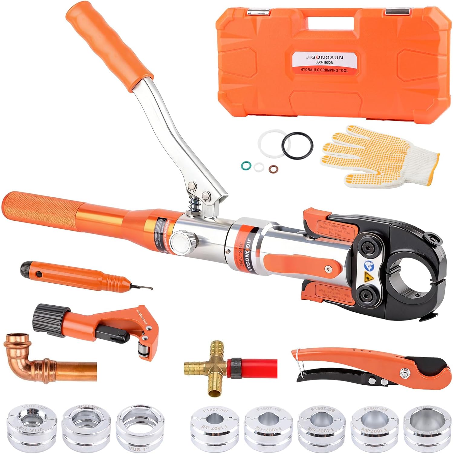 Hydraulic Copper Press Tool Kit for Copper Pipe 1/2" 3/4" 1" and ASTM F1807 PEX Rings 3/8"1/2", 5/8" 3/4" 1", Complete Heavy-Duty Crimping Kit for Plumbing, Water Heating and HVAC Systems