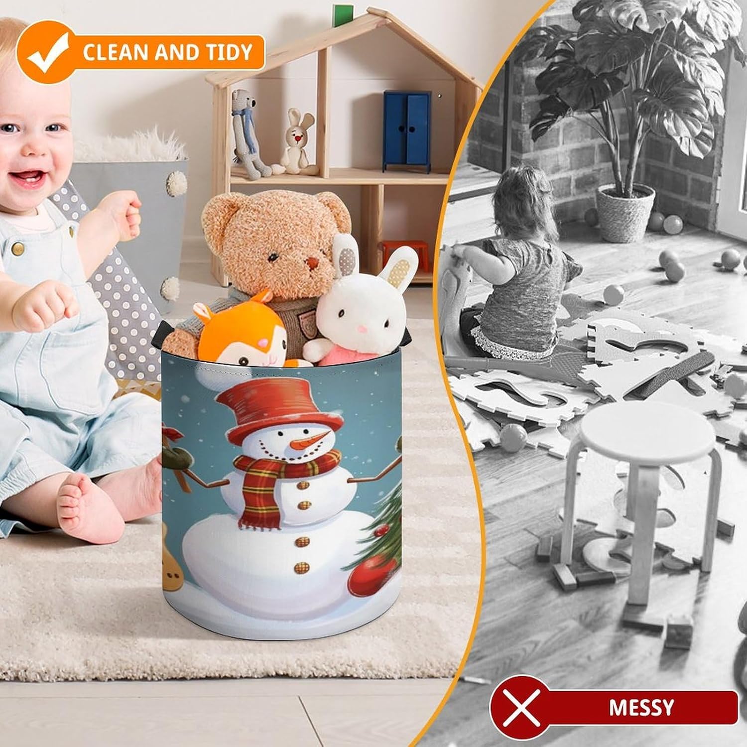 Christmas Snowman Storage Bag Large Reusable,Storage Box with Handle Drawstringm, Toy Storage Organizer Travel Case for Building Toys for Puzzles, Building Blocks, Board Game, Stationery, Books image 3