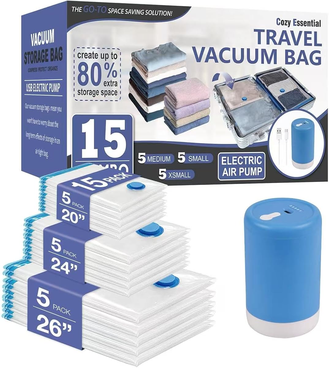 Cozy Essential Travel Vacuum Storage Bags with Rechargeable Wireless Electric Pump, Space Saver Bags for Luggage, Suitcase, Carry-On, for Clothes, Blankets, Comforters, Pillows, 15 Combo