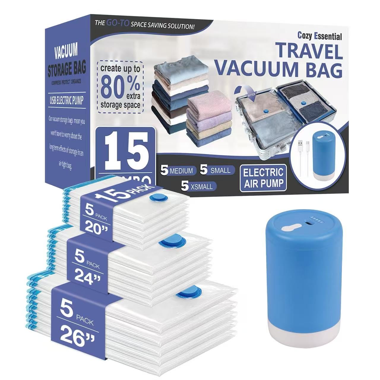 Cozy Essential Travel Vacuum Storage Bags with Rechargeable Cordless Electric Pump Space Saver Bags for Luggage Suitcase Carry-On