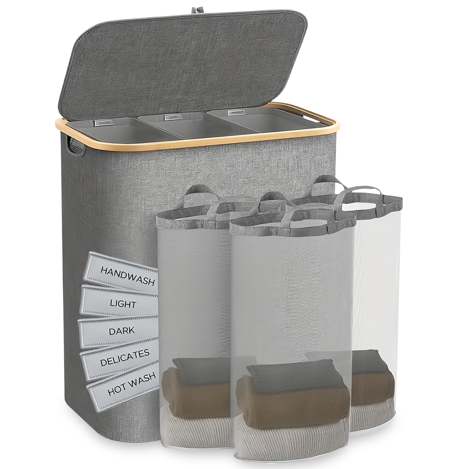 160L Laundry Basket with Lid, 3 Compartment Foldable Laundry Hamper, Extra-Large Clothing Sorting Bin with Lid, Washing Basket for Separating Clothes in Bathrooms, Bedrooms, and Laundry Rooms (Gray)