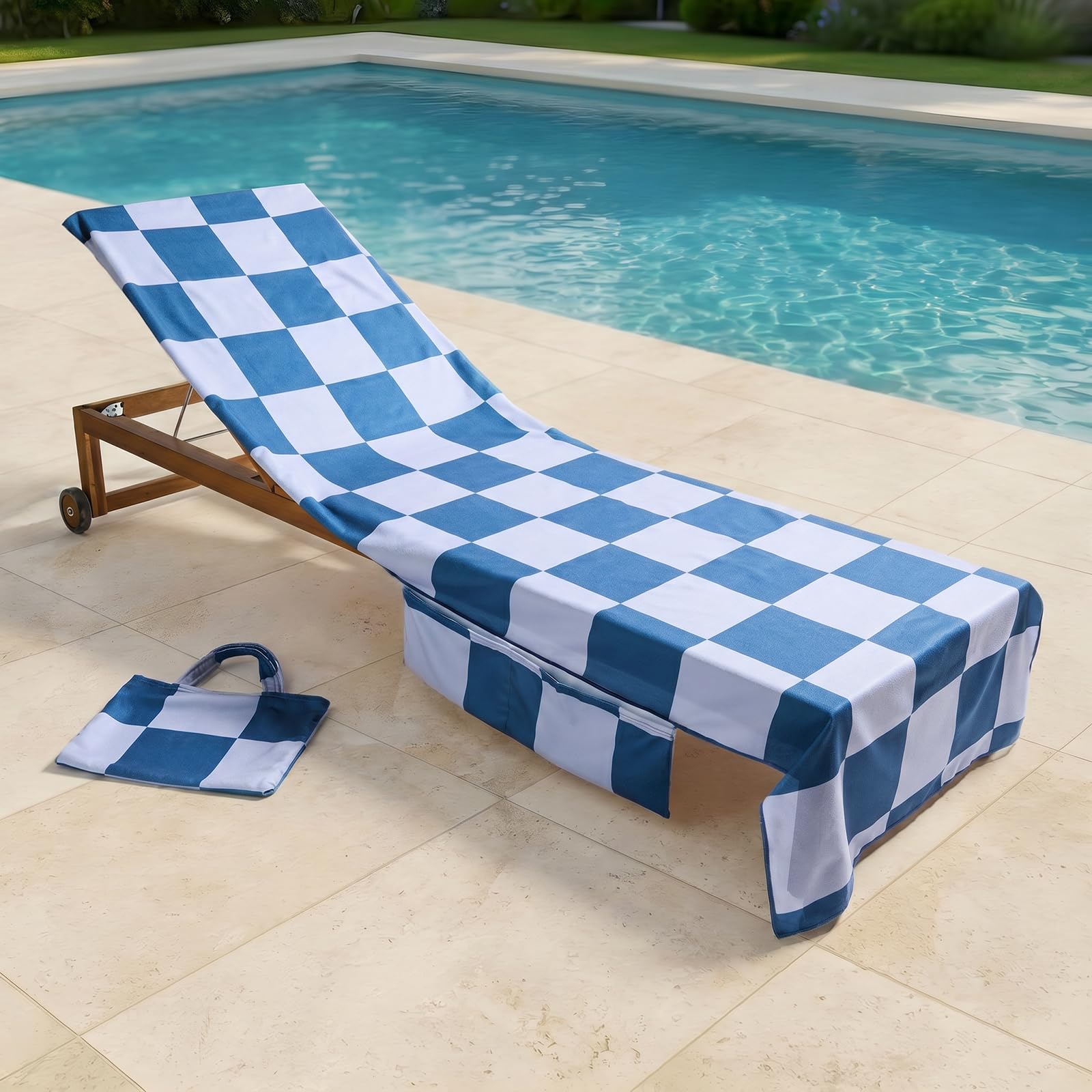 OHS Sun Lounger Towels with Pockets, Soft Quick-Dry Towel Absorbent Beach Towel in a Bag Lightweight Large Beach Towels for Adults Summer Holiday Essentials, 75 x 215cm - Blue Checkerboard