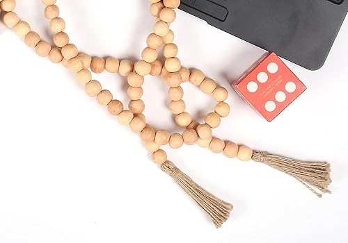 Miniatura 6 de Light & Pro Guirnalda de cuentas de madera rústica con borlas de yute natural, guirnalda decorativa estilo campestre para colgar en la pared para