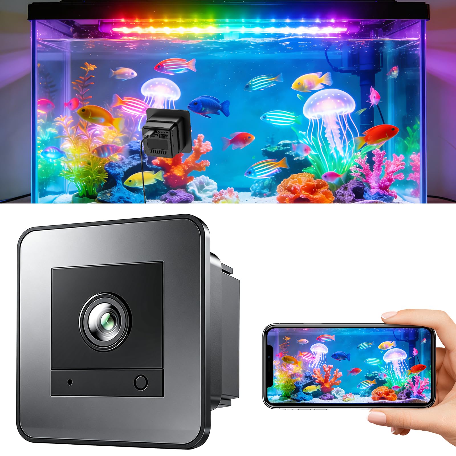 JAOGAUS Cámara de Acuario,Cámara WiFi para Mascotas, Terrario 2K HD, Gran Angular de 140°, grabación de 24 Horas para Peces y Reptiles.
