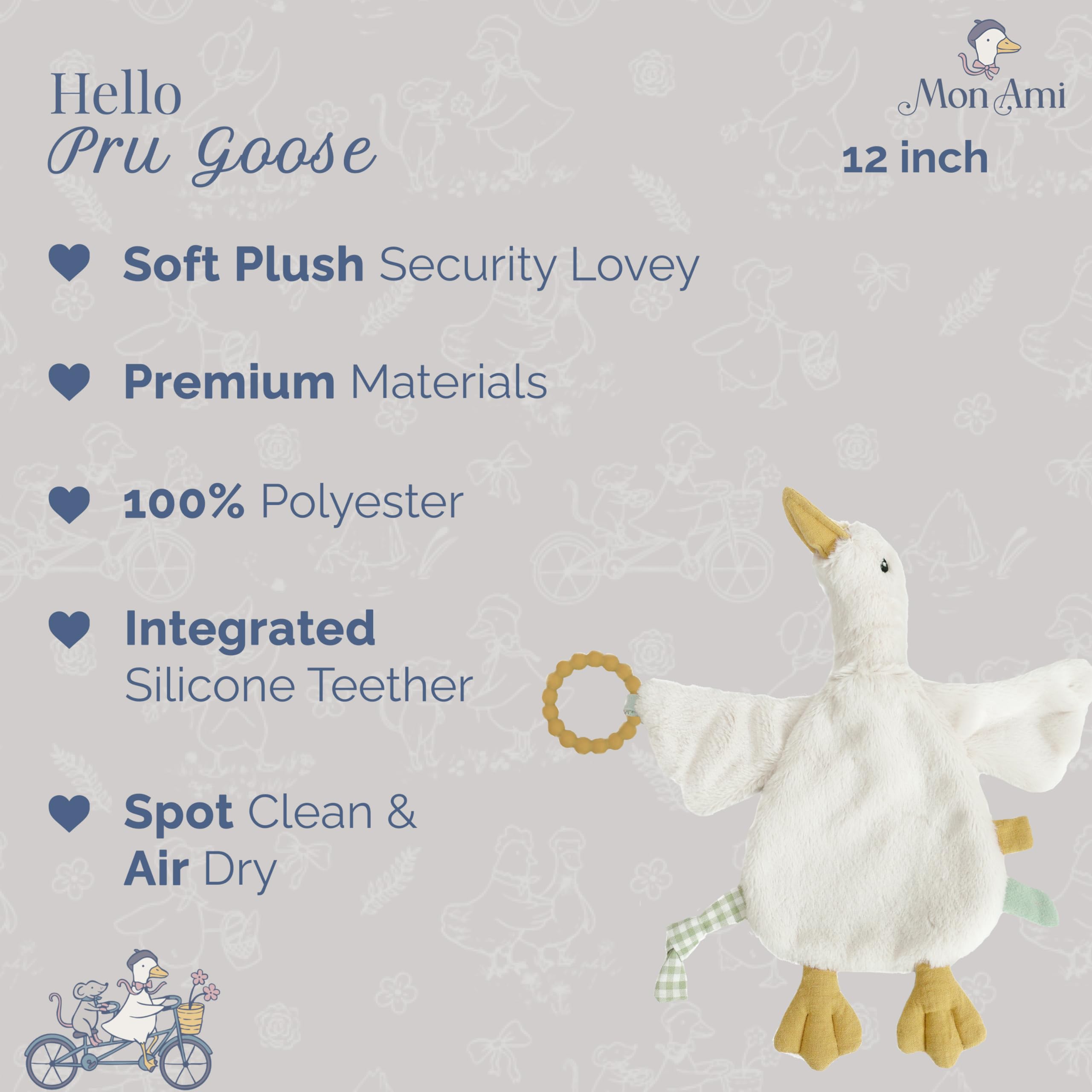 MON AMI PRU Goose Massaggiagengive Lovie | Coperta di sicurezza per bambini con massaggiagengive in silicone, morbido peluche Lovey per sollievo e comfort della dentizione