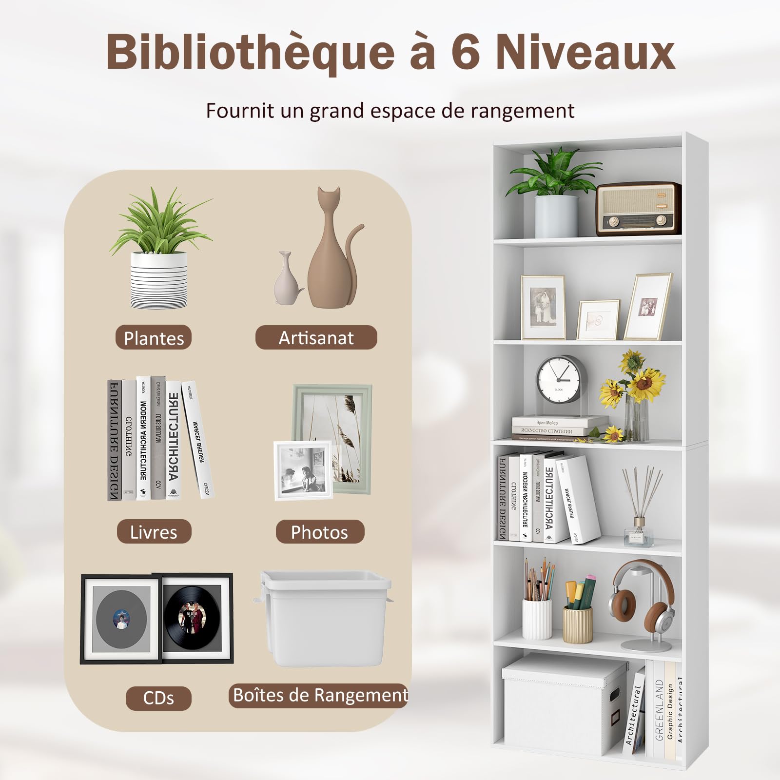 GOPLUS Bibliotheque sur Pied à 6 Niveaux, 178 cm Bibliothèque Meuble de Rangement en Bois avec Étagères Ouvertes, Range-Livres pour Salon, Bureau, Chambre, Salle d'Étude (Blanc)