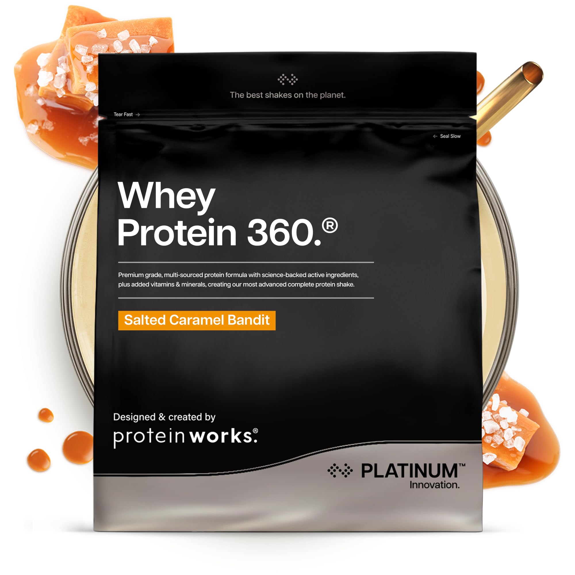Protein Works | Whey Protein 360 - Platinum Innovation, Premium Whey Protein Blend, Electrolytes, Probiotics, Digestive Enzymes, 26 Vitamins & Minerals, Salted Caramel Bandit, 34 Servings, 1.2kg
