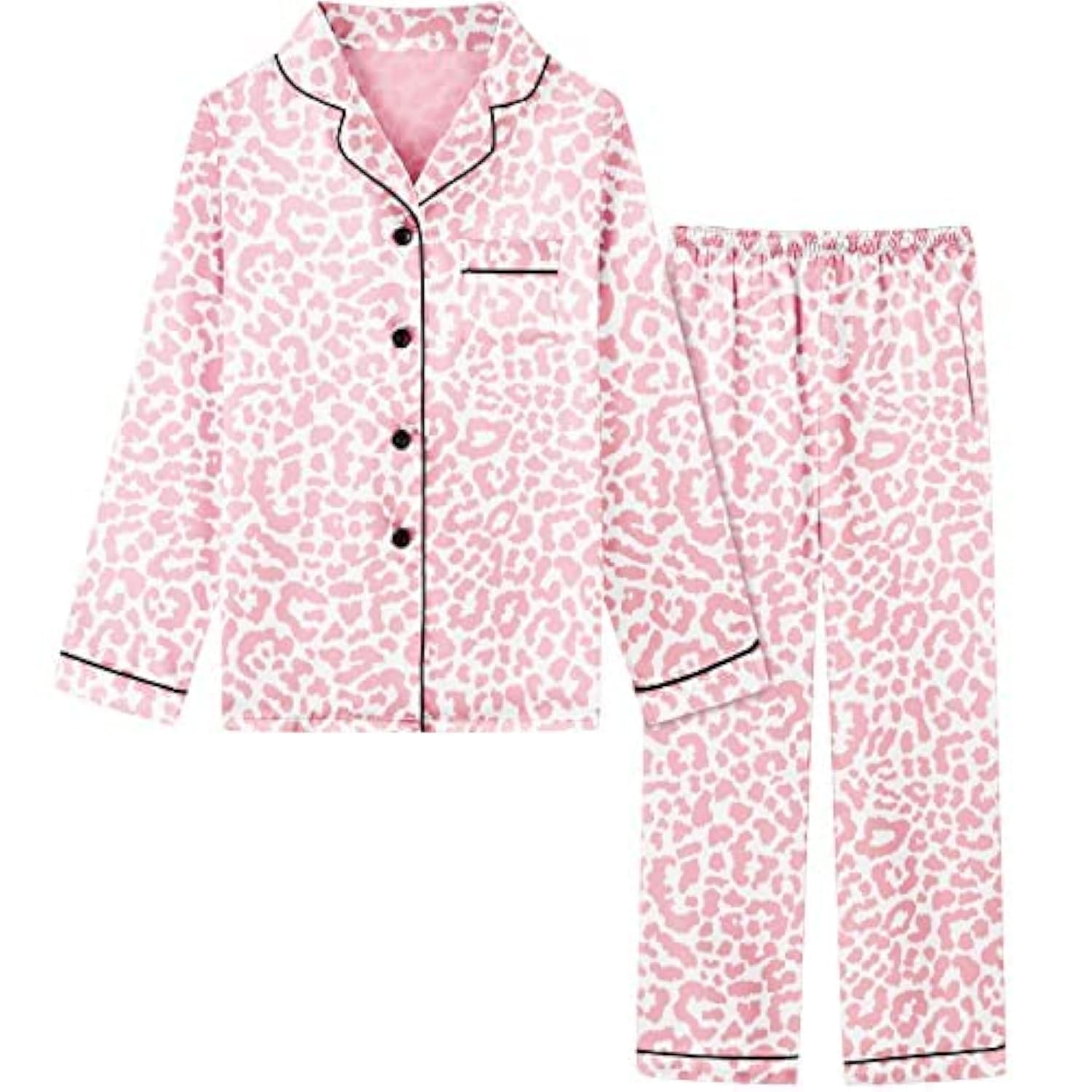 Schbbbta Women's & Girls Satin Pajama Set | 2-Piece Button-Down Long Sleeve Sleepwear, Pink Leopard Print (Large) - View #6