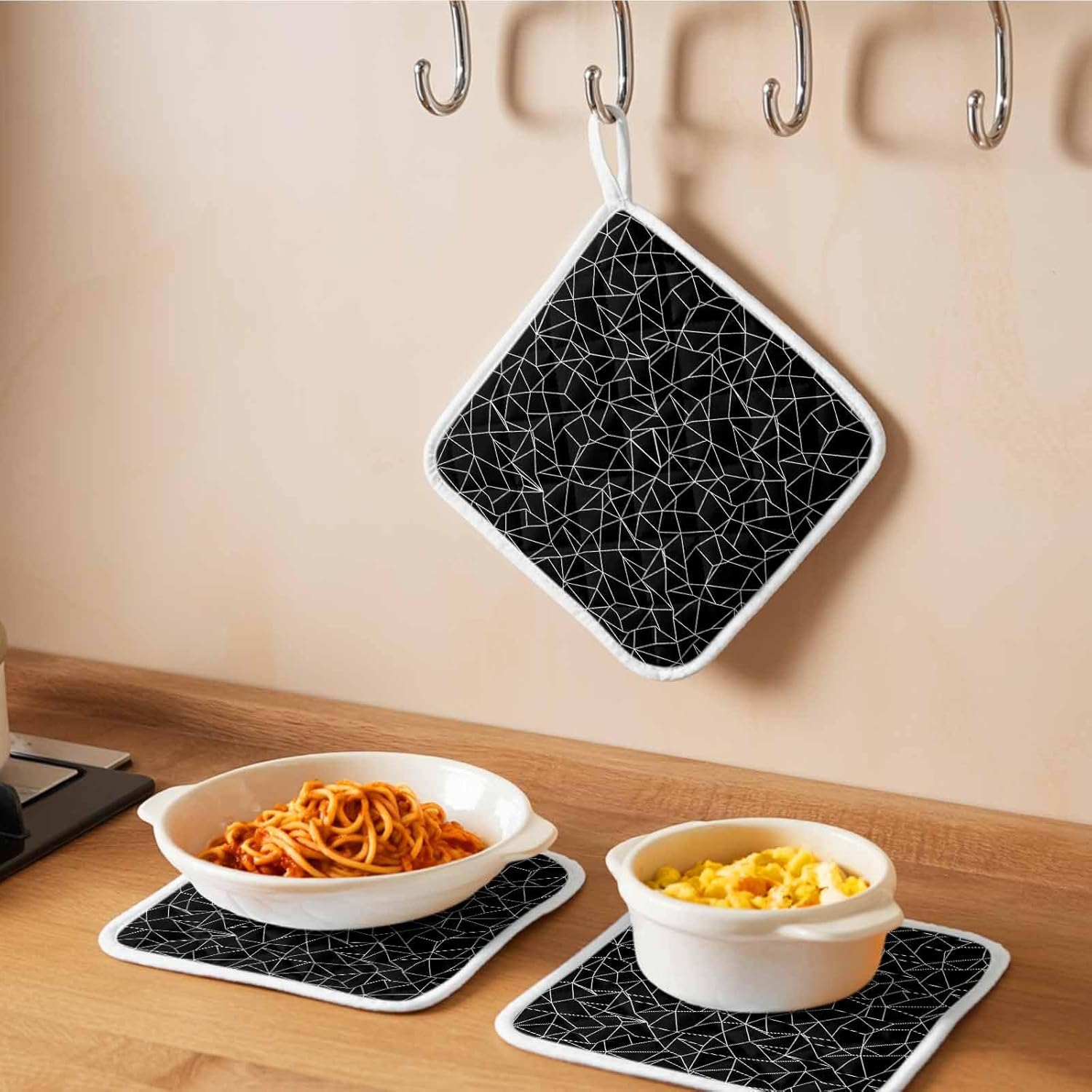 Black Geometric Stripes Pot Holders for Kitchen Heatproof Potholder, 5 Pack Modern Minimalism Abstract Lines Hot Pads Multipurpose Oven Pads Cloth Potholders Trivet for Cooking Baking