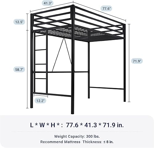 Miniatura 2 de Allewie Cama alta de metal tamaño individual con barandilla y escalera, diseño pequeño que ahorra espacio para dormitorio, habitación de niños y