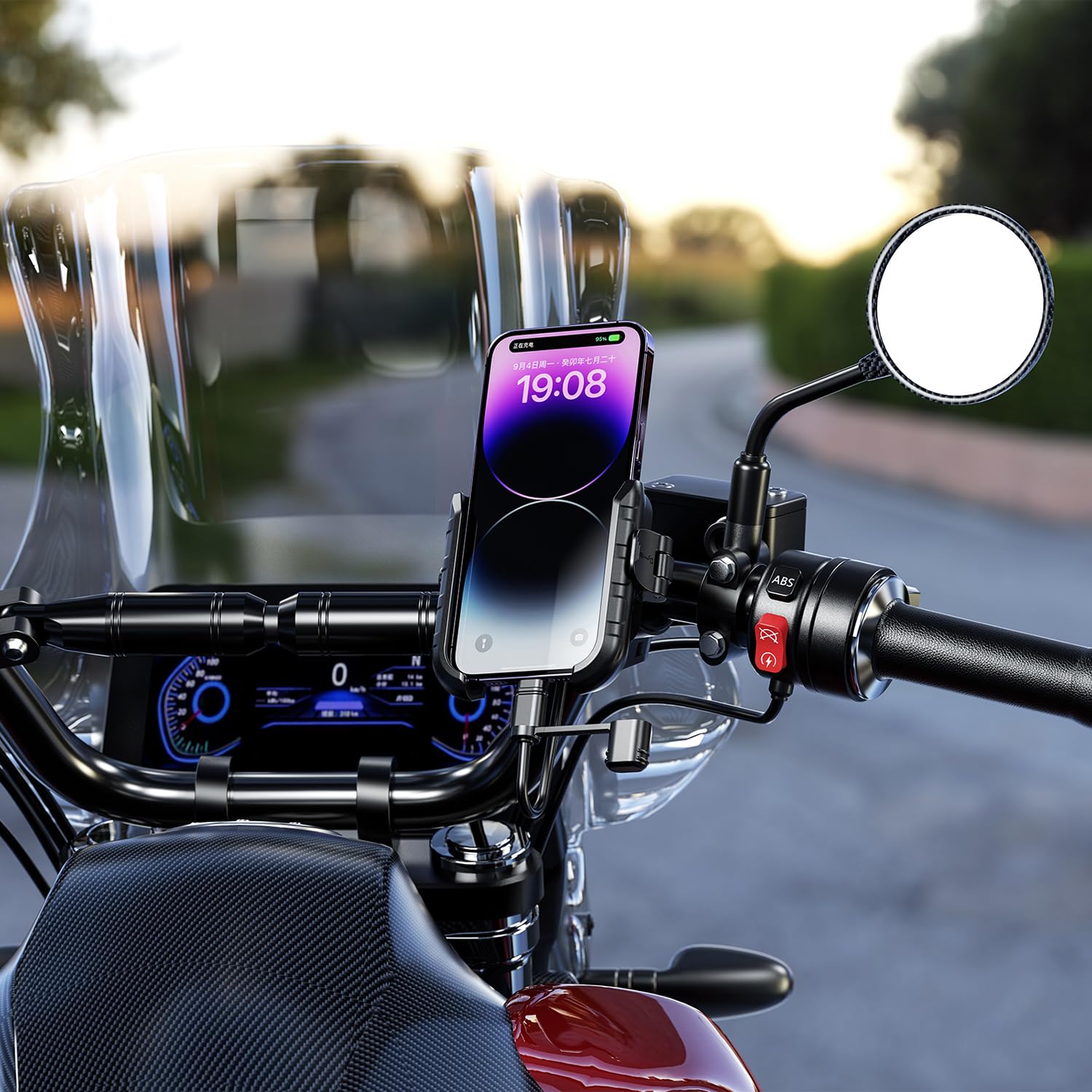 iMESTOU Support USB en aluminium pour moto avec charge rapide USB-C, convient pour téléphones de 13,7 à 18,3 cm jusqu'à 15 mm d'épaisseur, guidon 12''