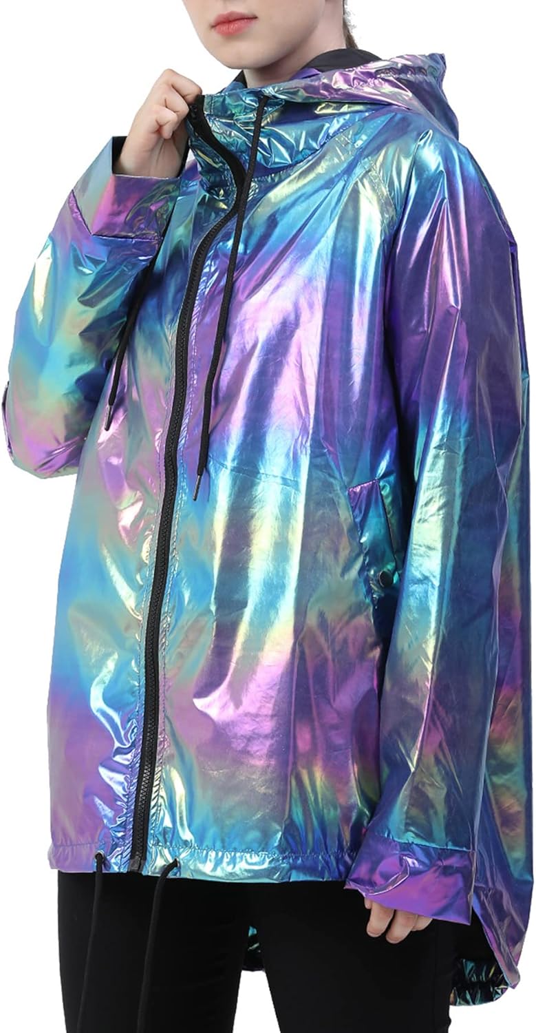 Womens Metallic Zip Up Club Hoodies Jacket Hooded Shiny Drawstring Windbreaker Zipper Rain Jacket