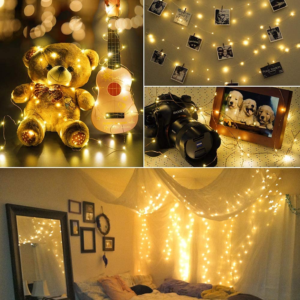 BrizLabs Luci Natale Esterno 10M 100 LED Catene Luminose Interno Impermeabile 8 Modalità Luce Stringa Filo Rame Lucine LED Decorazioni per Casa, Feste, Matrimonio, Terrazza, Balcone, Bianco Caldo