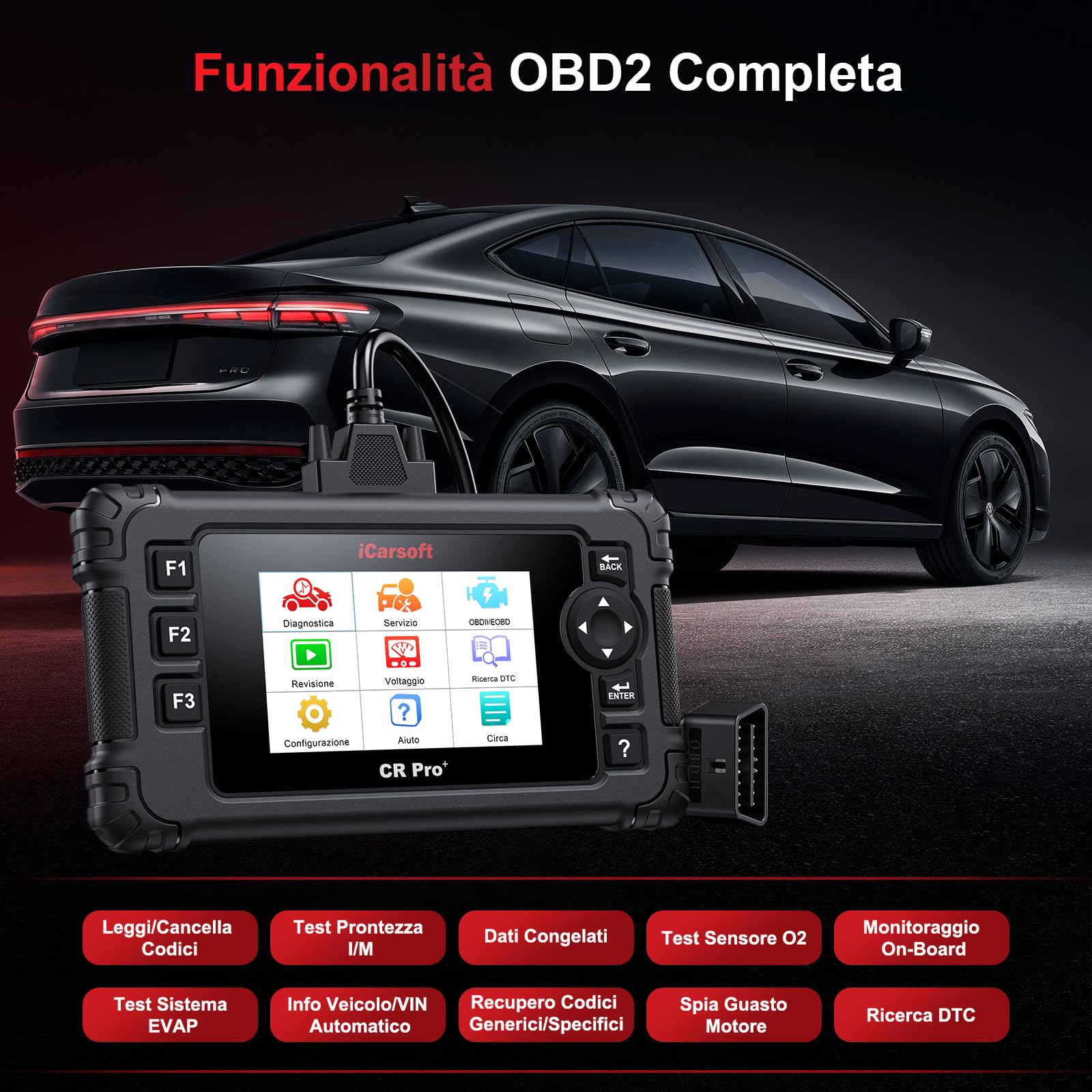 iCarsoft CR Pro+ OBD2 Auto Diagnostica, Diagnosi Auto Professionale in Italiano per Tutti i Sistemi, 49 Funzioni di Ripristino, Scansione Bidirezionale, Test della Batteria, Aggiornamento a Vita