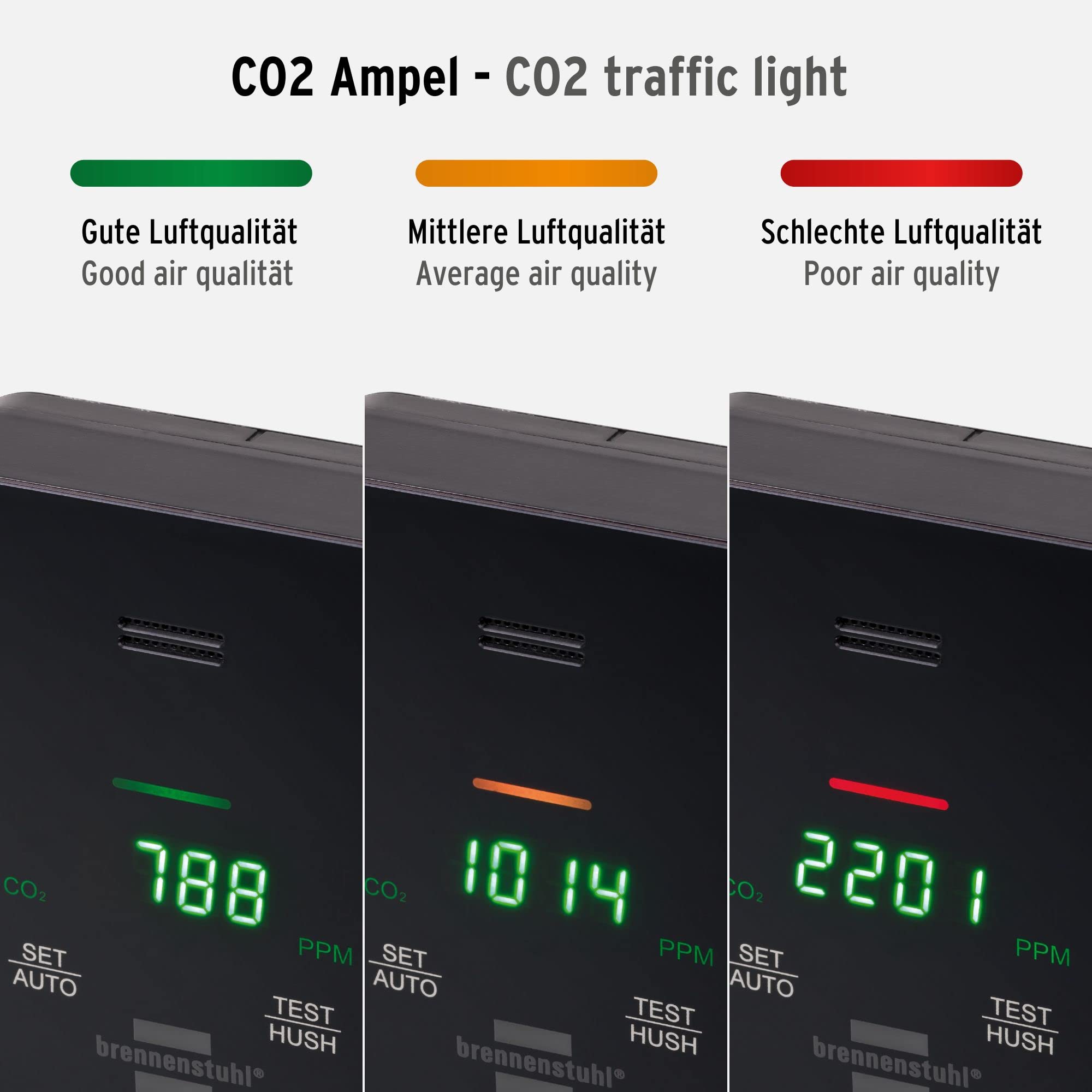 Brennenstuhl CO2 Messgerät C2M L 4050 zur Überwachung der Luftqualität (mit CO2-Ampelanzeige, Alarmsignal, Batteriebetrieb bis zu 12h, inkl. Netzteil)