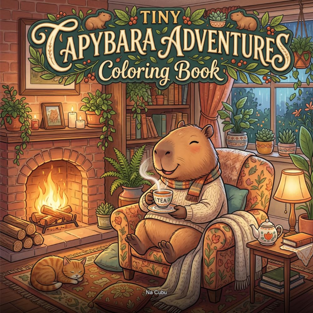 Tiny Capybara Adventures Coloring Book: 30 Bold & Easy Coloring Pages for Adults - Simple & Cozy Daily Life Scenes of Cute Capybaras for Stress Relief and Relaxation