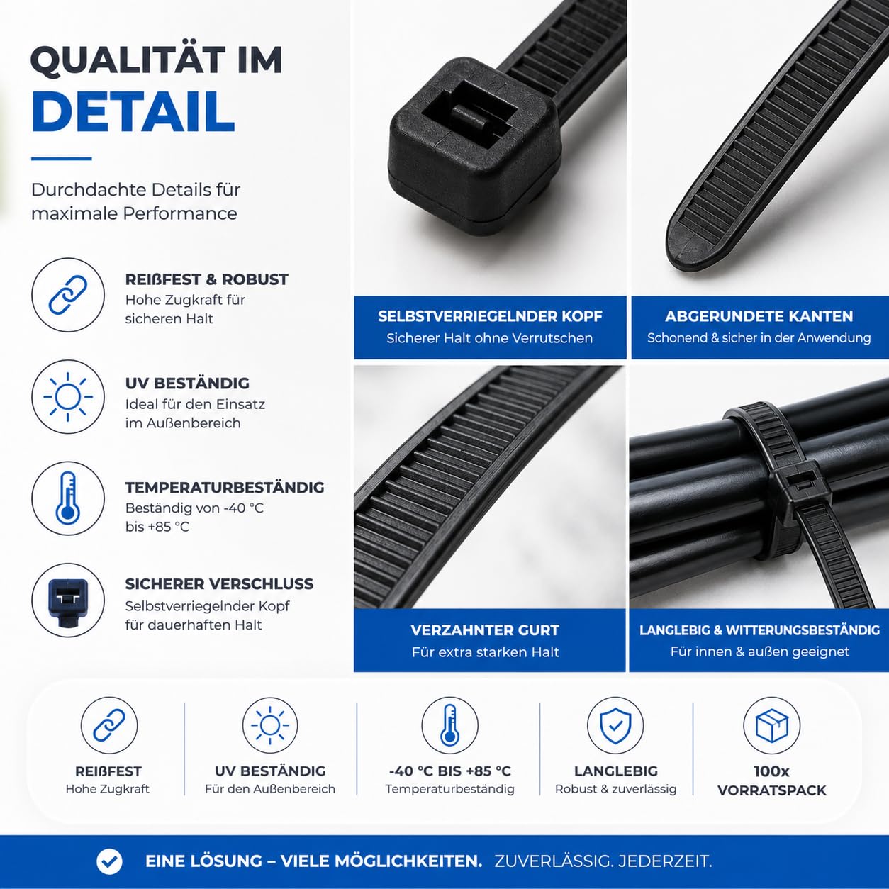 Set di 100 fascette stringicavo nero resistenti agli strappi e ai raggi UV 150 mm x 3,6 mm