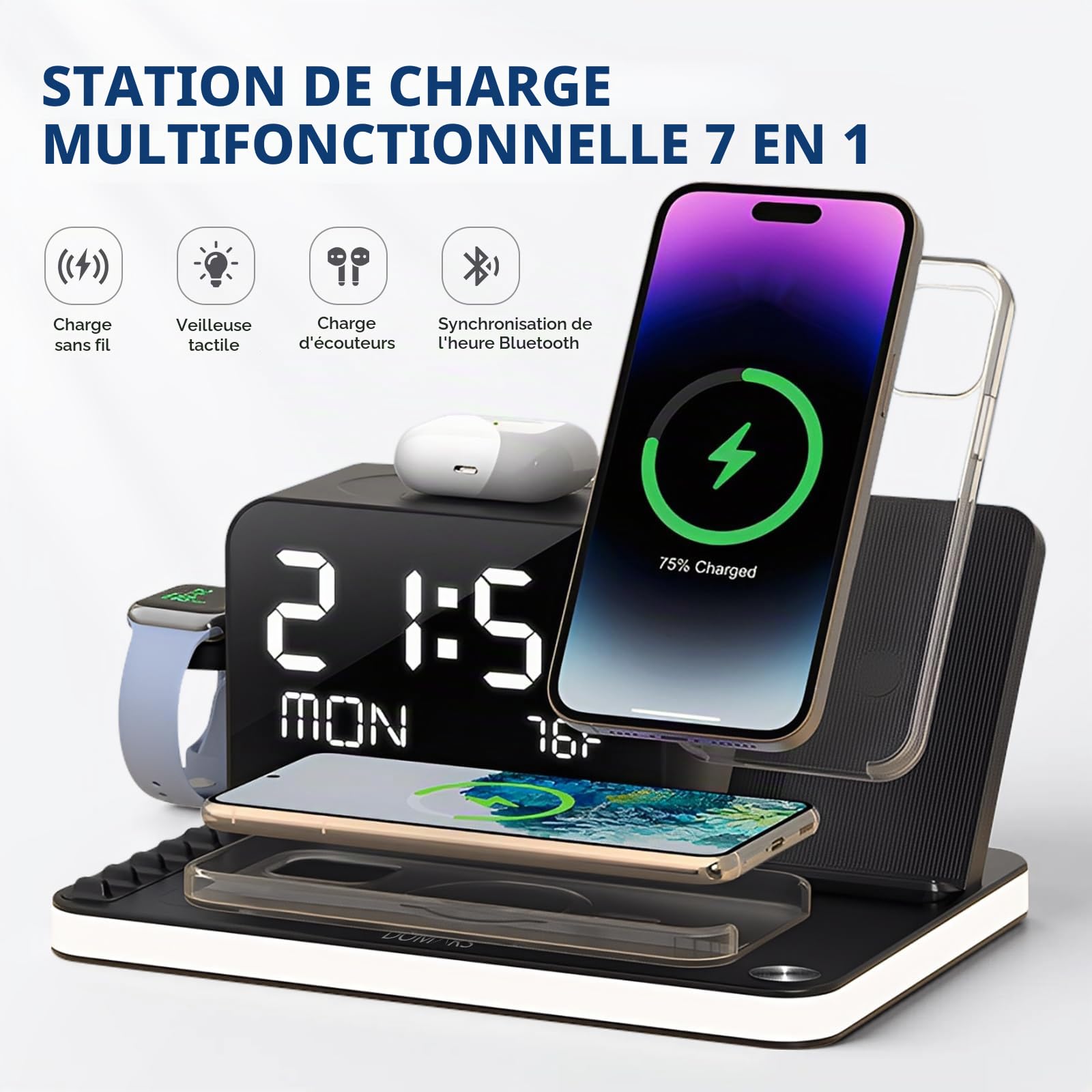 Chargeur sans fil, station de charge rapide sans fil 7 en 1 avec synchronisation de l'heure Bluetooth, 4 chargeurs sans fil et 2 ports, support de charge rapide de 30 W pour iPhone 17/16/15/14