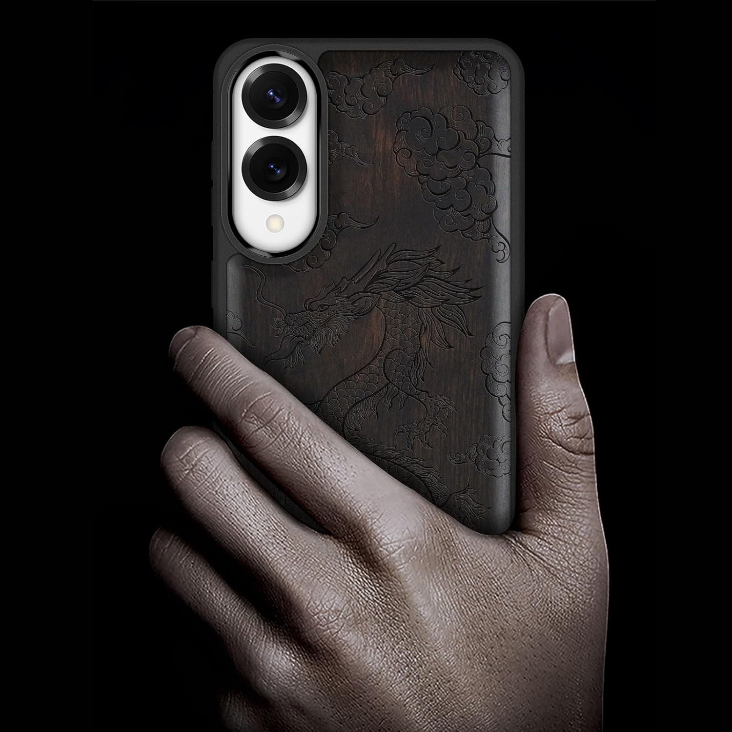 Carveit Magnetic Wooden Case for Samsung Galaxy S25 Edge Case 2025, TPU Shockproof Cover & Wood Artisan Engraved, Compatible with MagSafe Wireless Chargers (The Dragon's Ascent) Blackwood