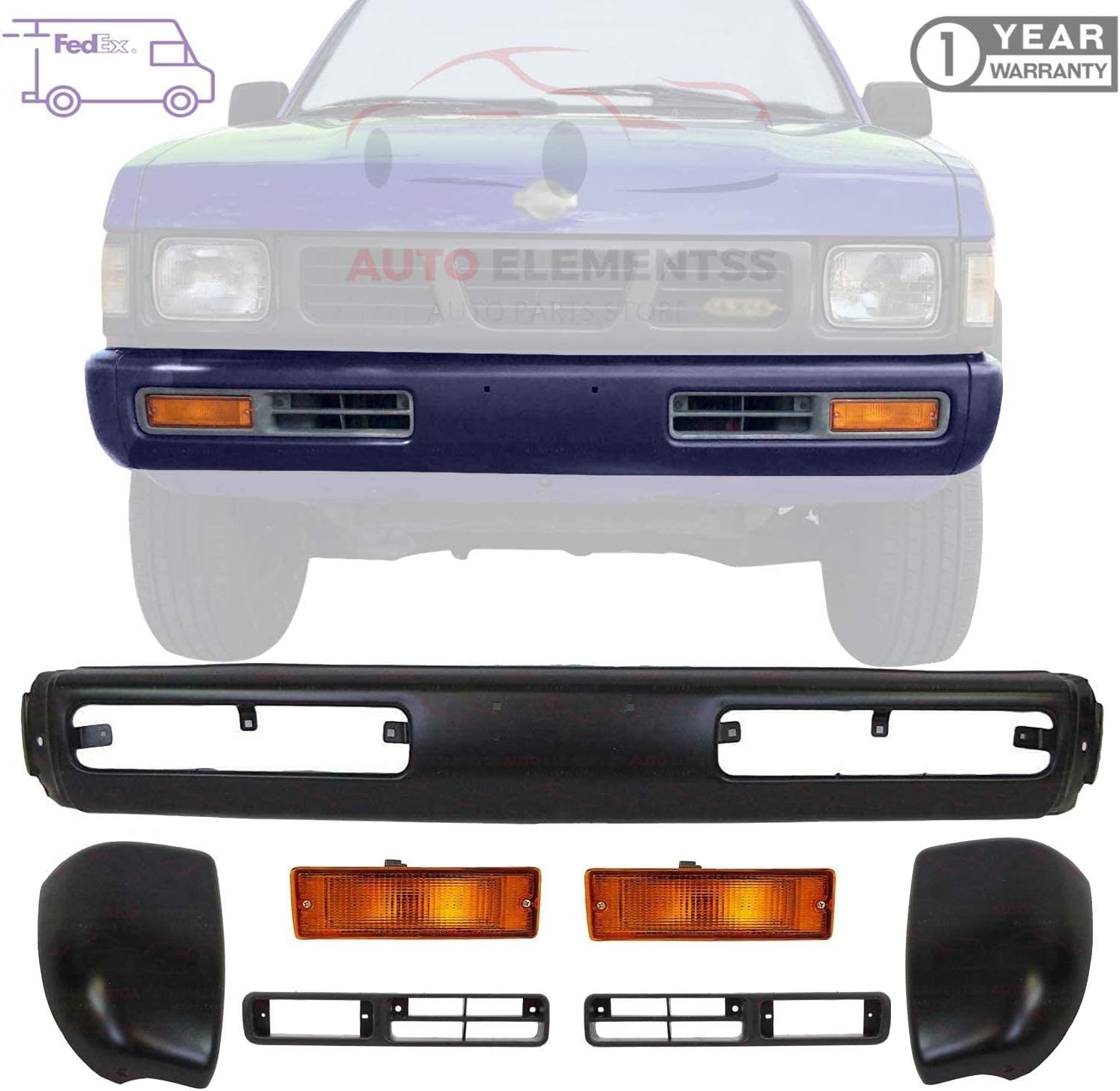 Front Bumper Primed Black Steel Paintable + End Caps + Signal Lights with Trim Bezels For 1993-1994 Nissan D21 / 1995 Pickup Direct Replacement