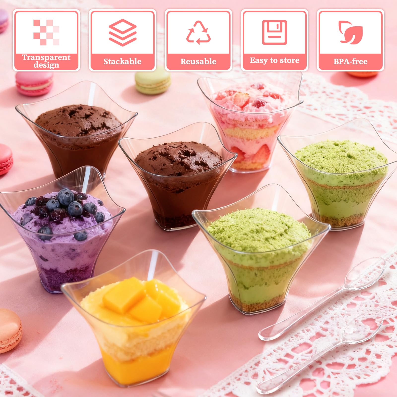 Bicchieri da dessert con coperchi, confezione da 50 vasetti da dessert in plastica con cucchiai, pentole per cheesecake, 360 ml, tazze trasparenti per cheesecake con coperchio, riutilizzabili, per