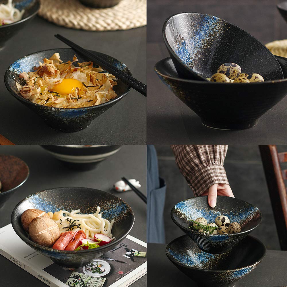 Genérico Juego de 2 tazones para Fideos, Cuencos japoneses de cerámica para Servir con Cuchara y Palillos a Juego, tazones para Ramen de 7, 8 y 9 Pulgadas para Sopa, Fideos, pho, Udon y Cereales.
