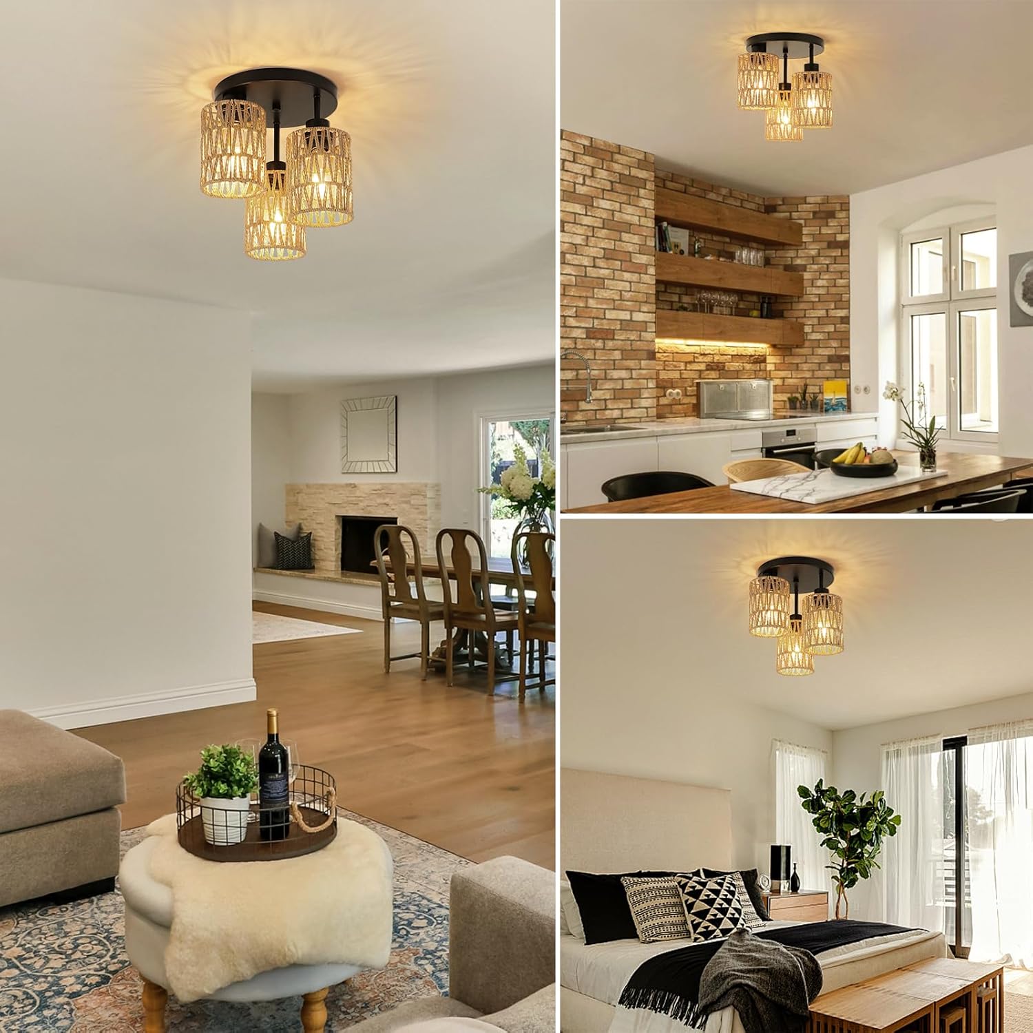 Boho Light Fixtures Ceiling Mount, 3-Light Boho Flush Mount Ceiling Light, Rattan Woven Chandelier Lighting for Farmhouse Bedroom Hallway Entryway Kitchen Nursery