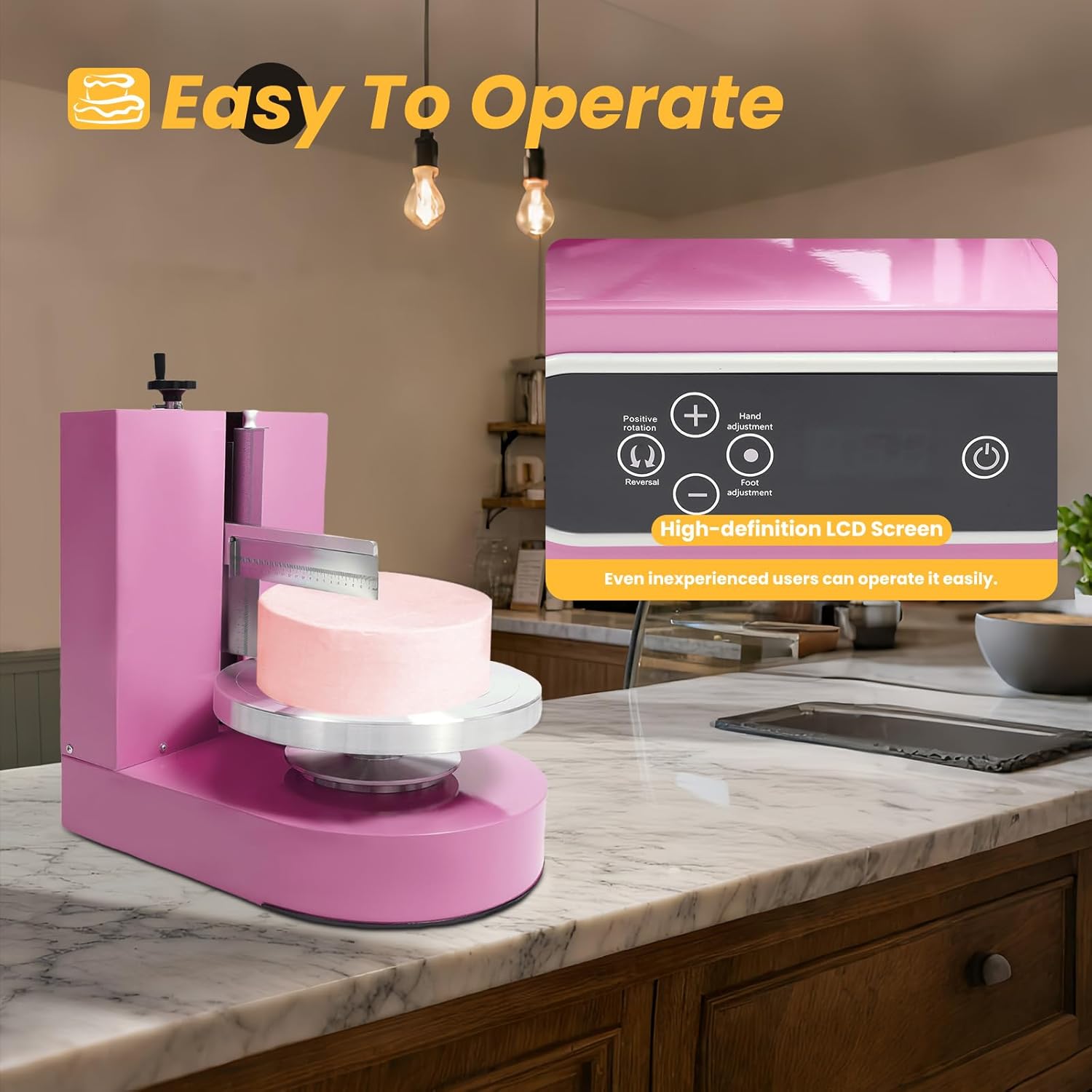 Cake Decorating Machine, 200W Cake Cream Spreading Machine 60-320rpm Rotating Speed Automatic Cake Cream Spreading Machine with LCD Display for 4-12 inch Cakes (Pink)