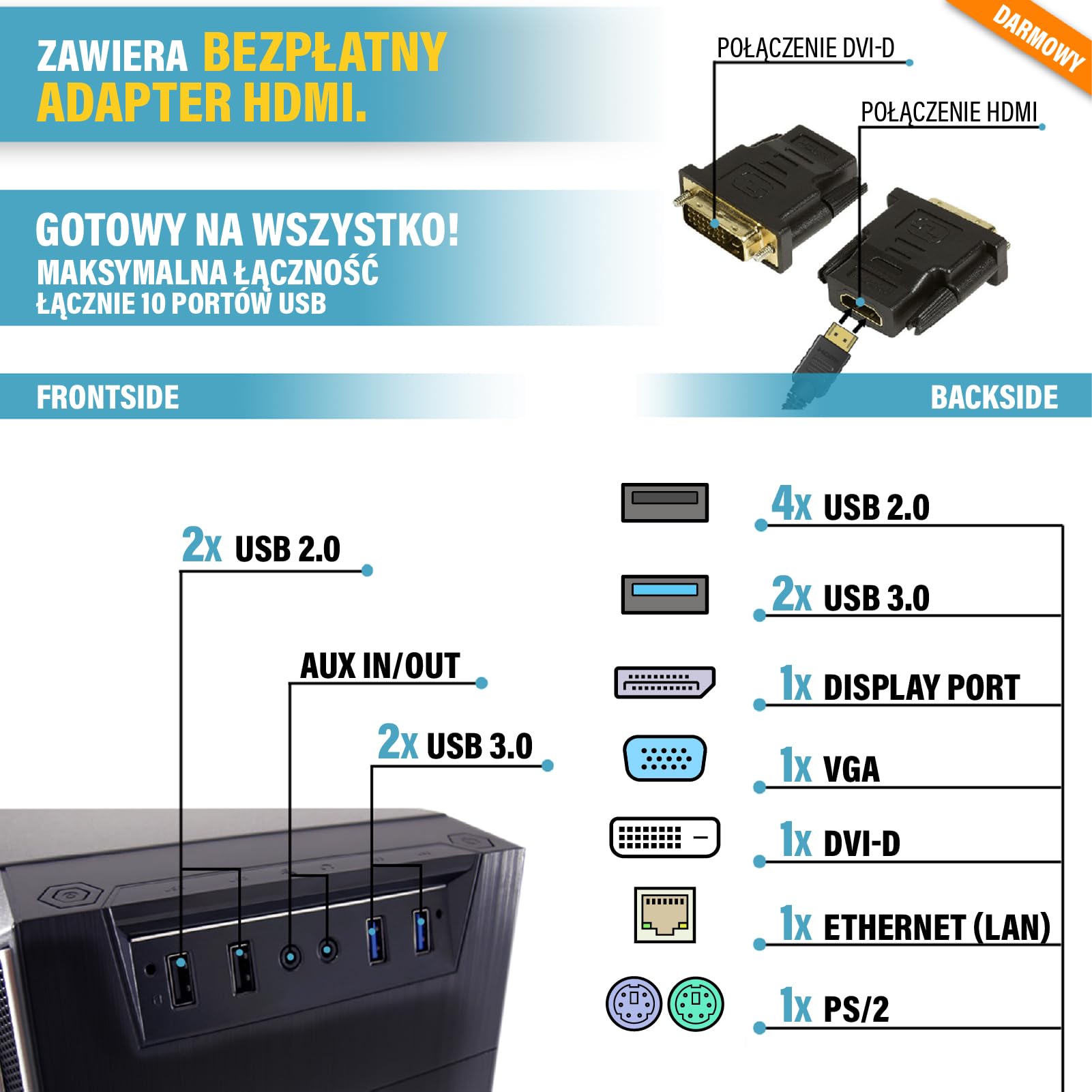 GREED® Intel Core 12th Multimedia PC - komputer stacjonarny do biura i domu szybki Maszyna 4,3 GHz, 16 GB pamięci RAM, 240 GB SSD + 1 TB - DVD+RW - USB3.0, WLAN, w zestawie z systemem Windows 11 Pro