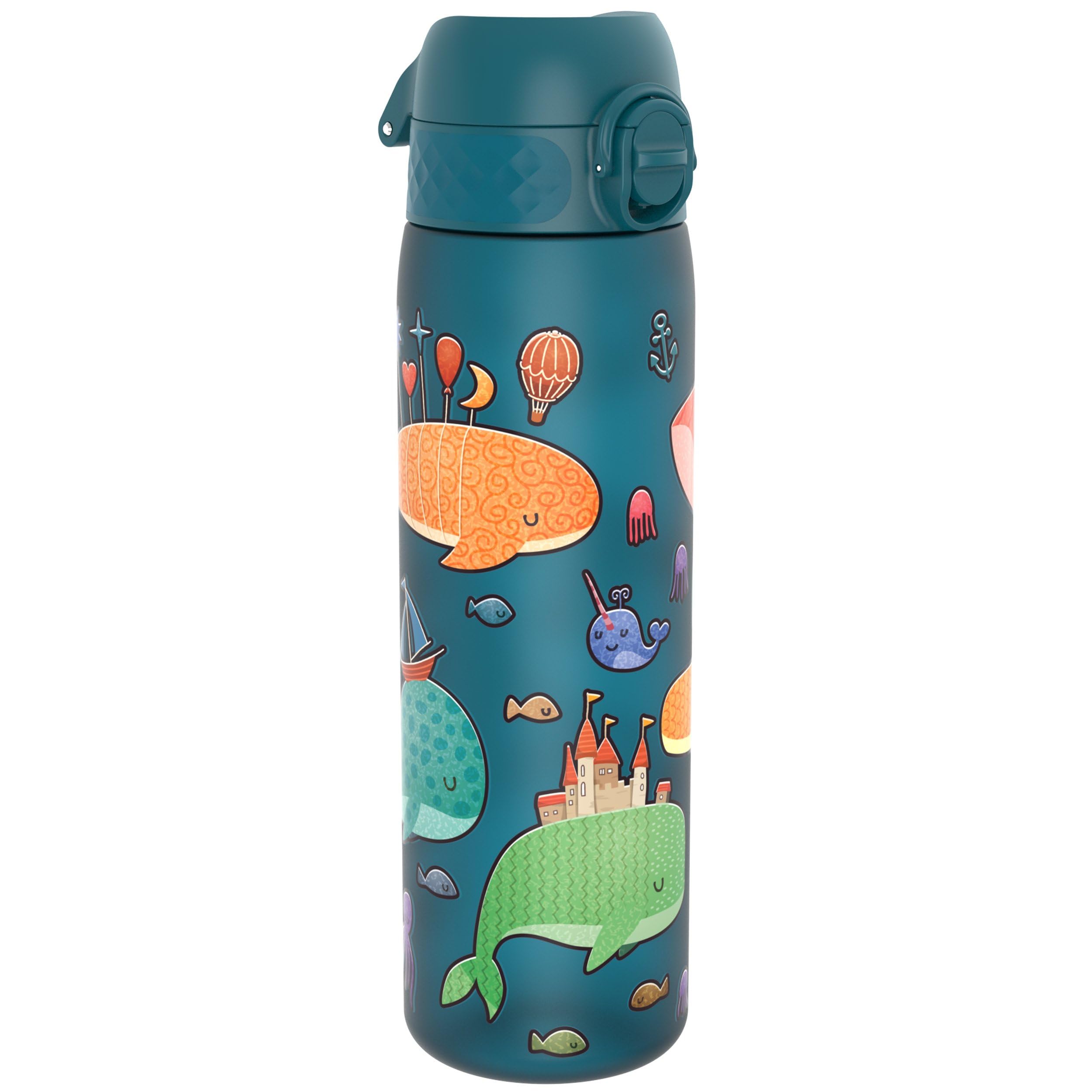 ion8 Trinkflasche 500 ml Auslaufsicher Einhandöffnung Sichere Verriegelung Spülmaschinenfest BPA-frei Tragegriff Klappdeckel Leicht zu Reinigen, Klimaneutral, Wale