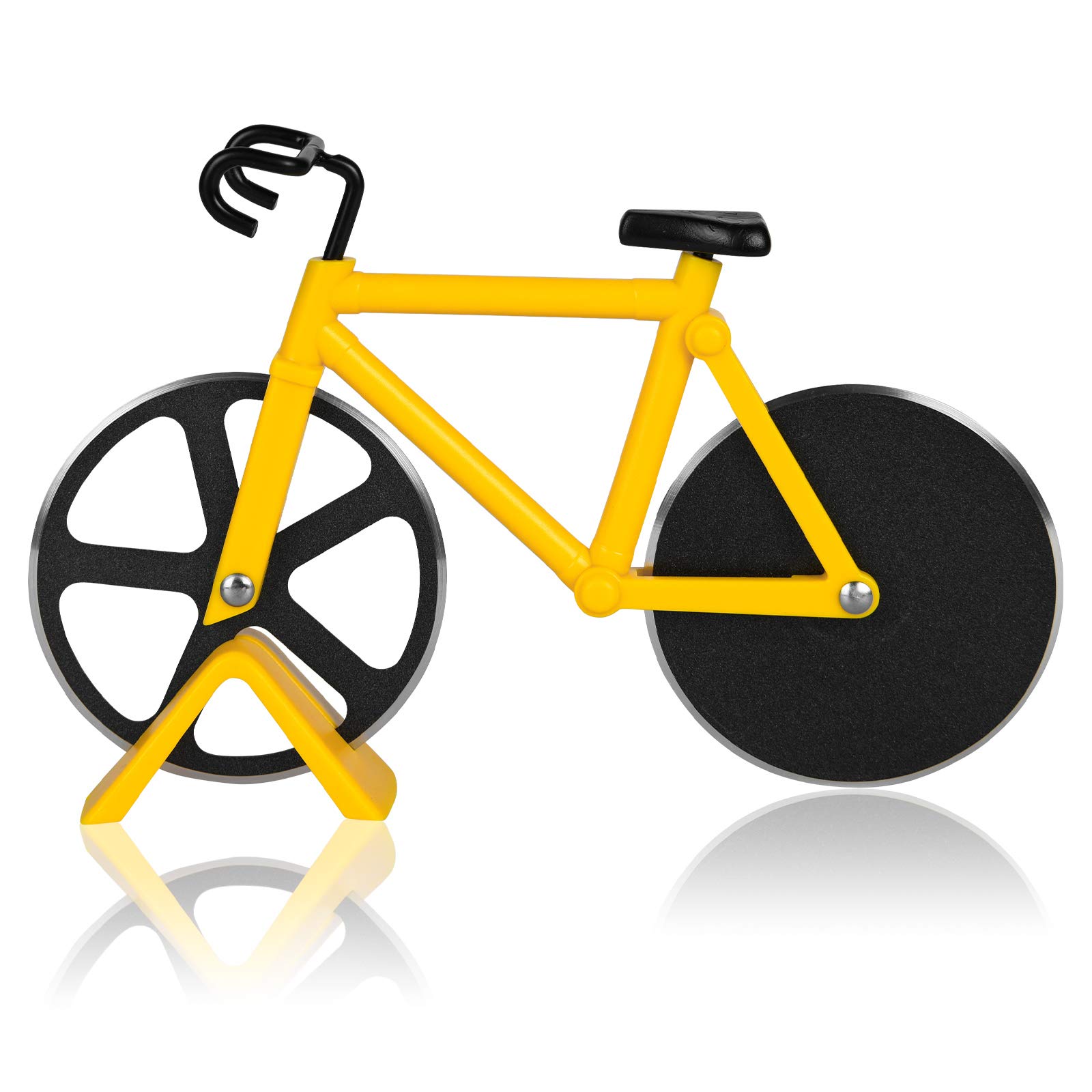 Flintronic Non-stick Pizza Cutter, Bicycle Pizza Cutter Wheels, Bicycle Pizza Cutter with Stand, Double Stainless Steel, Yellow