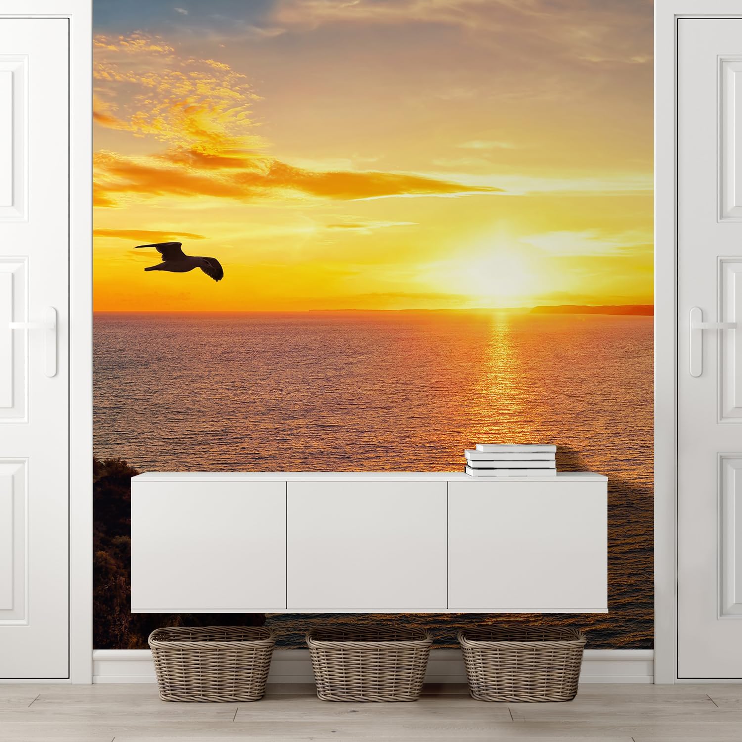 wall26 Wall Sticker/Wall Mural Tranquil Sunset Scenery at The Ocean with The Sunlight, Not Peel and Stick, Non-Woven Wallpaper Decorative for Bedroom, Living Room, Office - 120x96 inches
