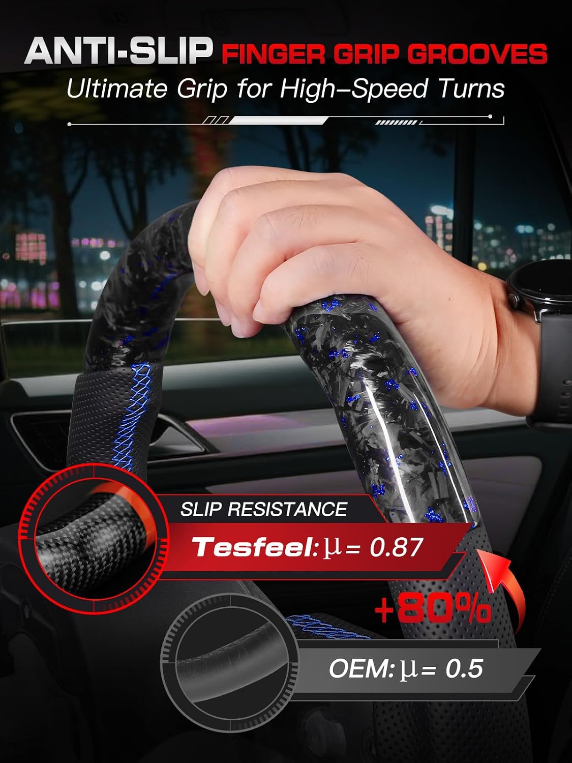 Forged Carbon Fiber Steering Wheel Frame compatible with Toyota Tacoma (2012-2023), for 4Runner (2010-2024), for Tundra (2014-2021) - Infused Blue Foil, Black Leather Grip, Blue Stitching