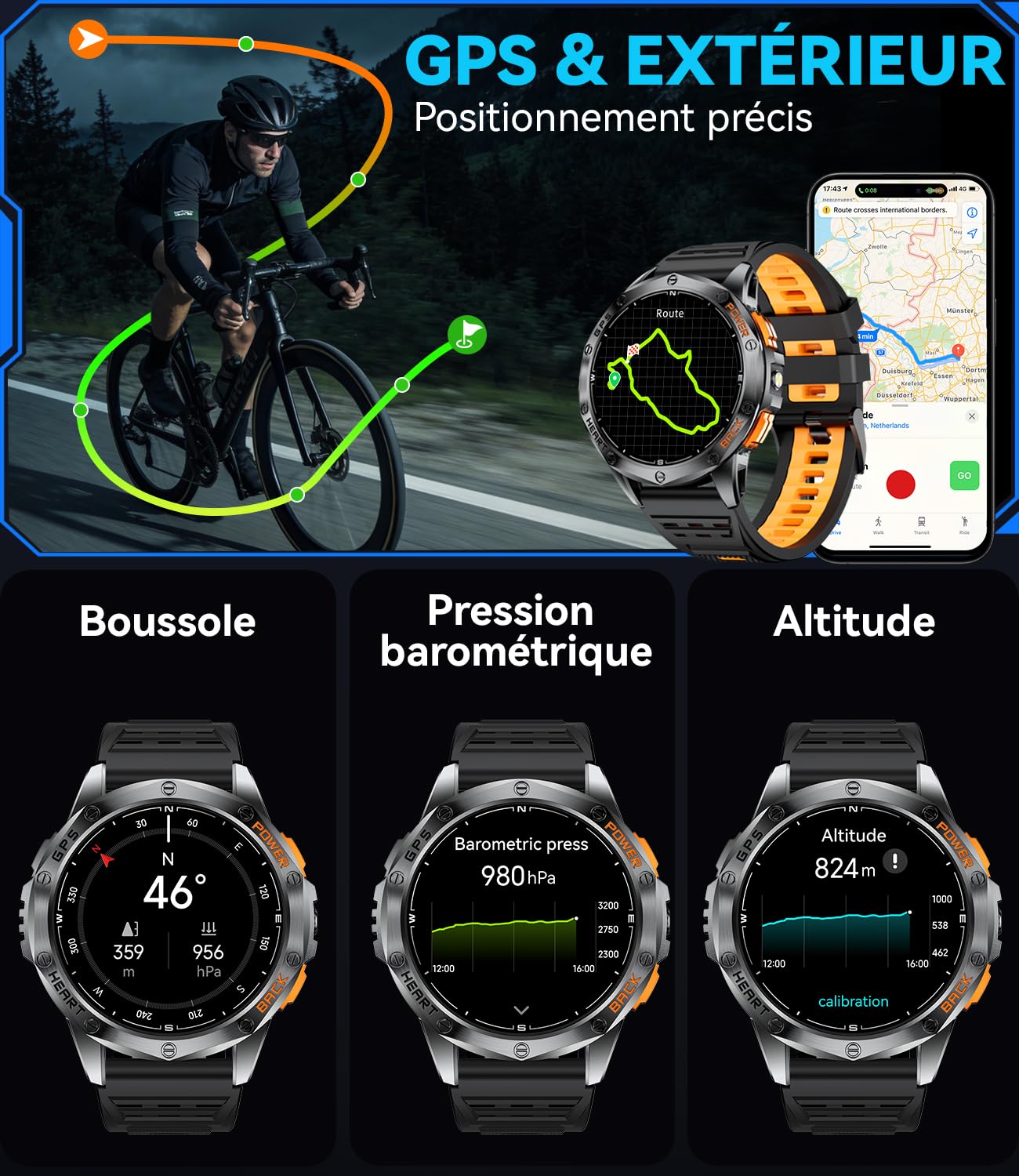 LIGE Montre Connectée Homme GPS avec Boussole/Baromètre, Lampe Torche, Écran AMOLED 1,43", Batterie 600mAh, 5ATM, Appels Bluetooth, Suivi Santé pour Android et iOS, DM1-H